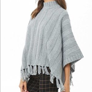 Chunky Grey Fringe-Trim Mock Neck Sweater
